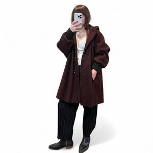 Vintage Brown Wool Hooded Coat/ Leopard Print Hood